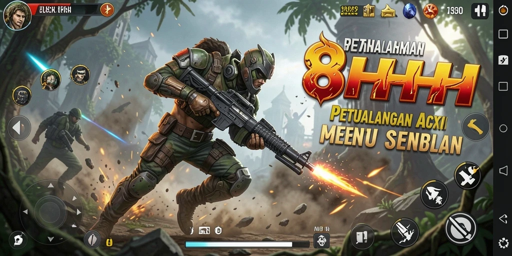 Tampilan gameplay intens dalam 8HHH saat beraksi melawan musuh.