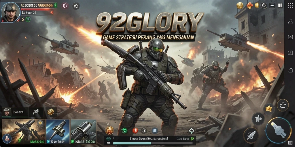 Tampilan gameplay mendebarkan 92GLORY dengan pertempuran yang strategis.