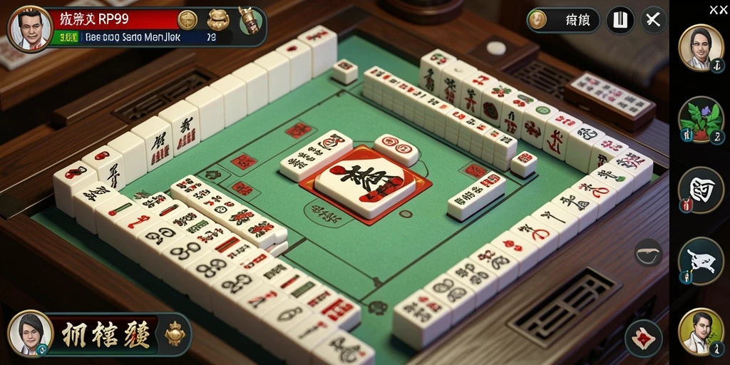 Screenshot utama gameplay <strong>RP99</strong> menampilkan ubin Mahjong yang berwarna-warni.